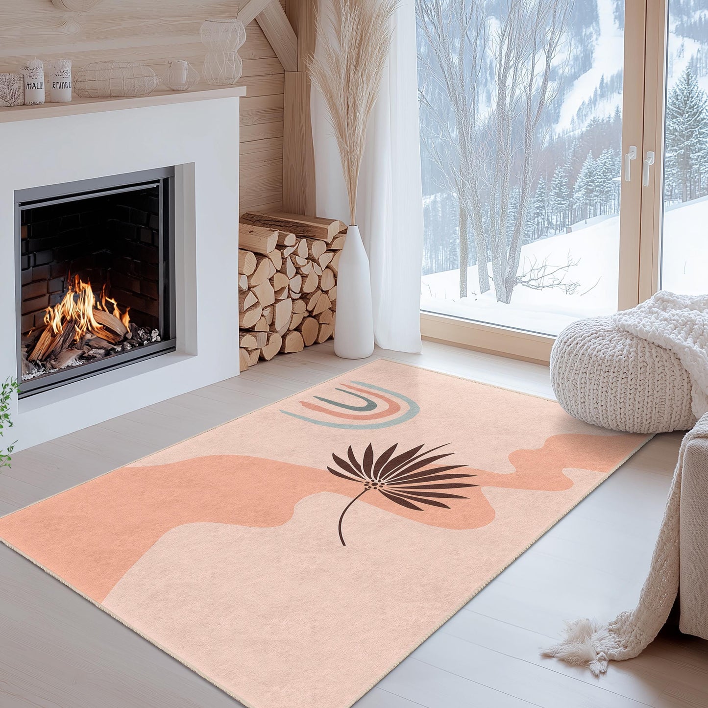 Rechteckiger Teppich mit abstraktem Blattmuster, moderner Wohnzimmerteppich, Boho-Chic-Einrichtung, stilvolle Fußmatte