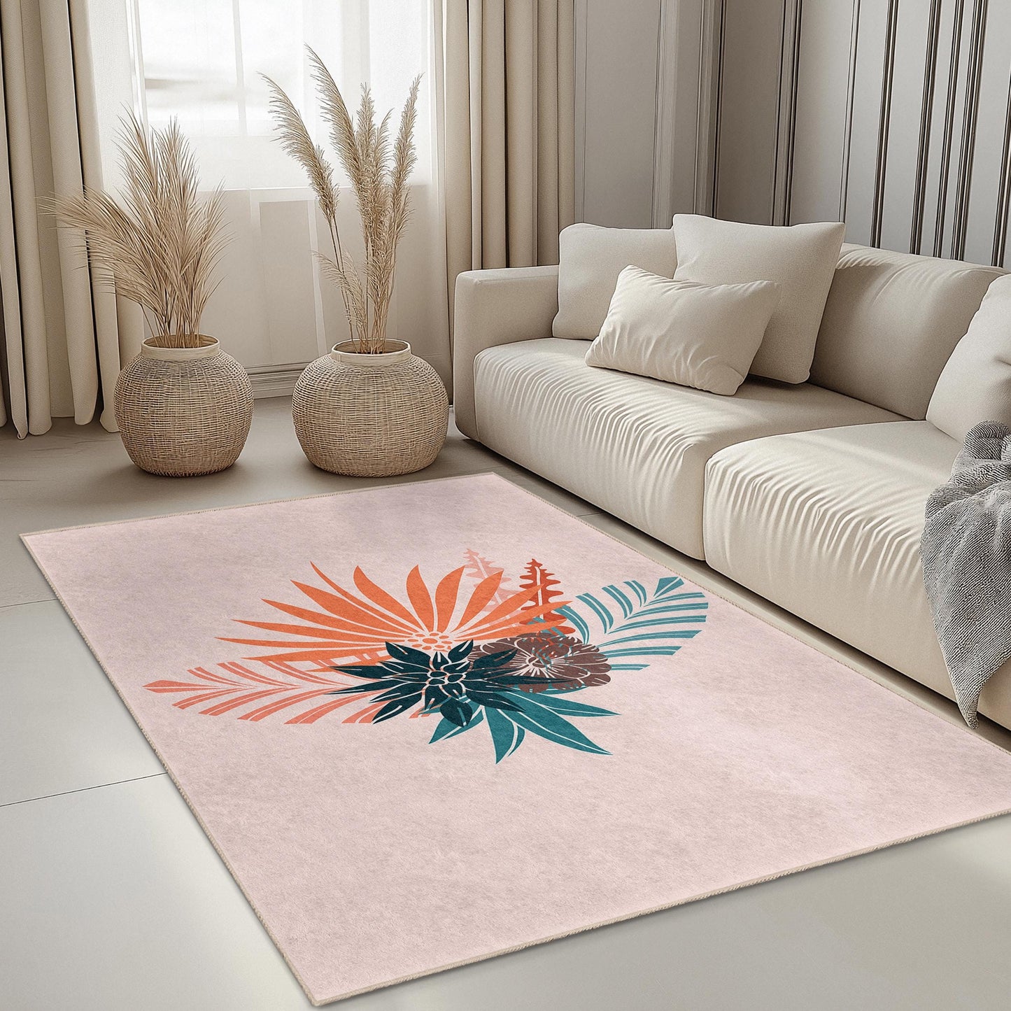 Rechteckiger Teppich mit tropischem Blumenmuster, moderner Boho-Stil, Wohnzimmerteppich, Teppich mit botanischem Design, Heimdekoration