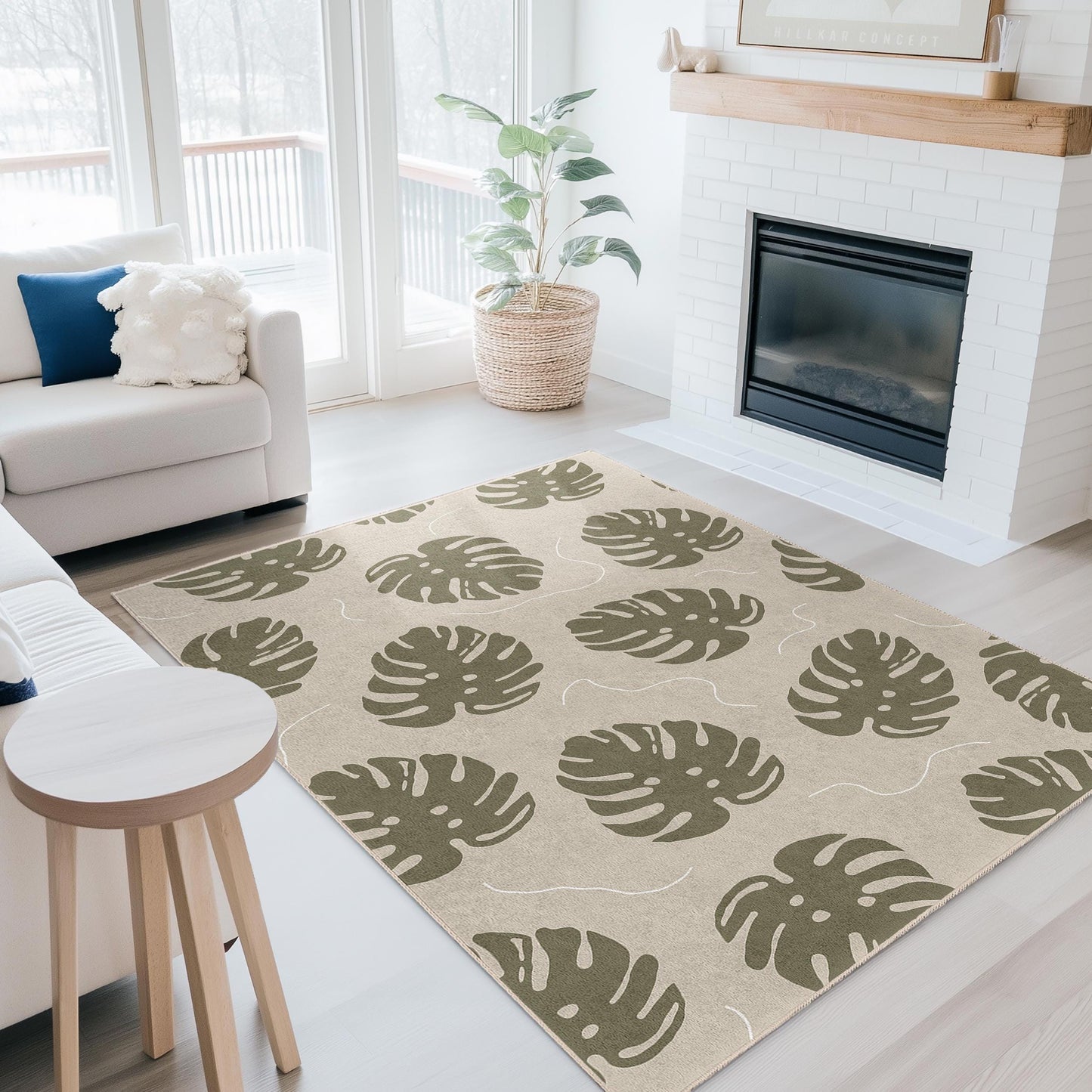 Moderner rechteckiger Teppich mit Blattmuster, botanisches Dekor, Teppich für den Innenbereich, Wohnzimmerteppich, von der Natur inspiriertes Design, grüner Blattteppich