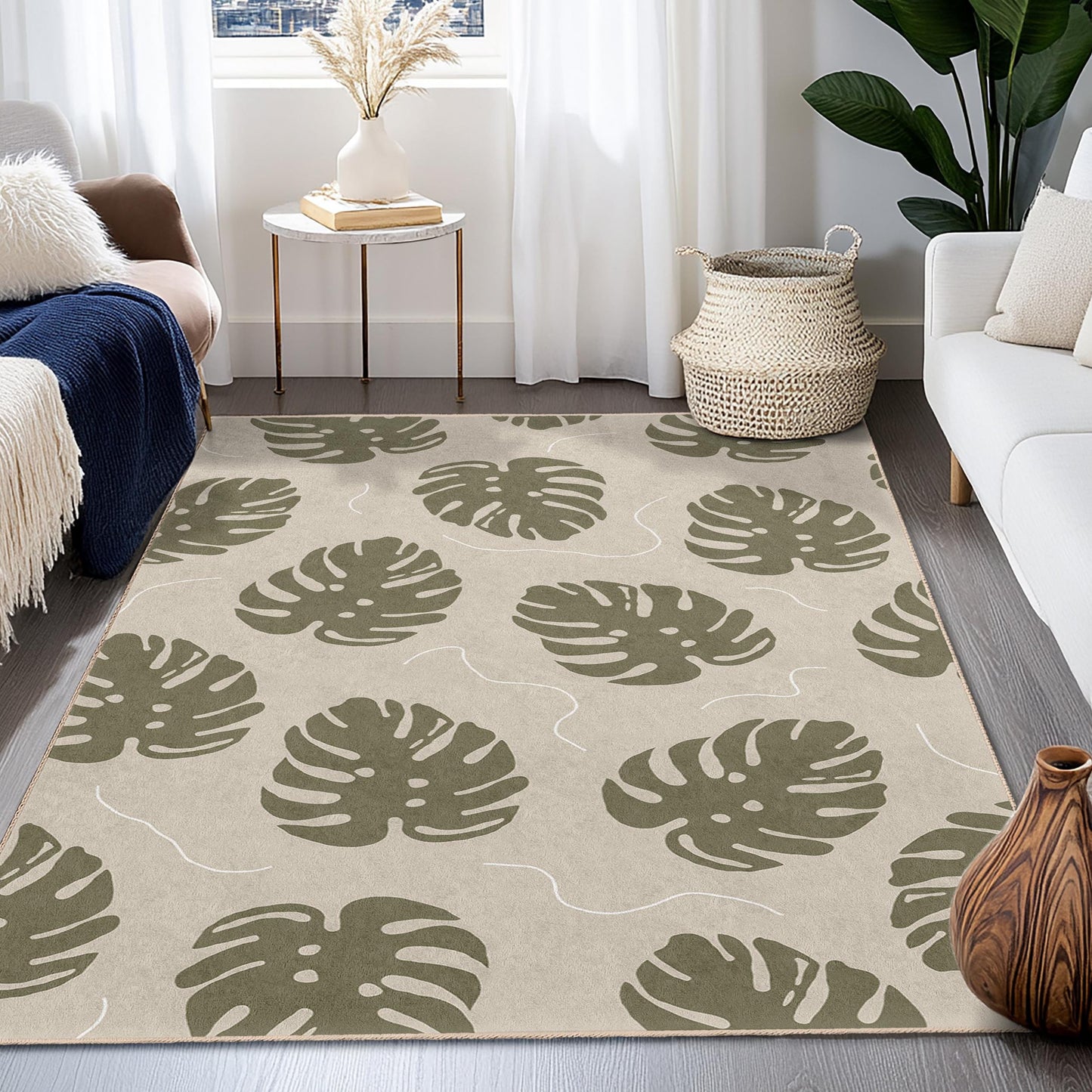 Moderner rechteckiger Teppich mit Blattmuster, botanisches Dekor, Teppich für den Innenbereich, Wohnzimmerteppich, von der Natur inspiriertes Design, grüner Blattteppich