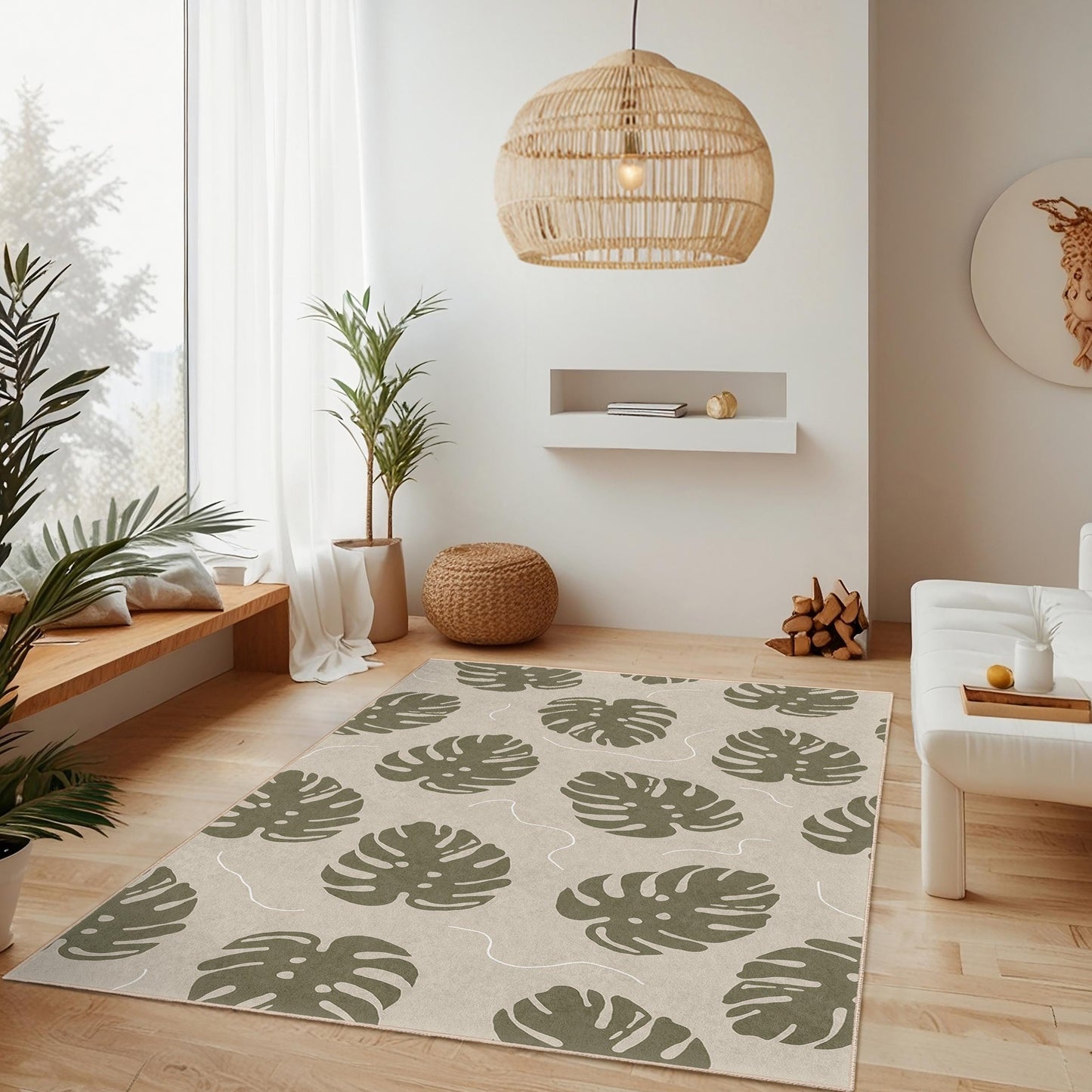 Moderner rechteckiger Teppich mit Blattmuster, botanisches Dekor, Teppich für den Innenbereich, Wohnzimmerteppich, von der Natur inspiriertes Design, grüner Blattteppich