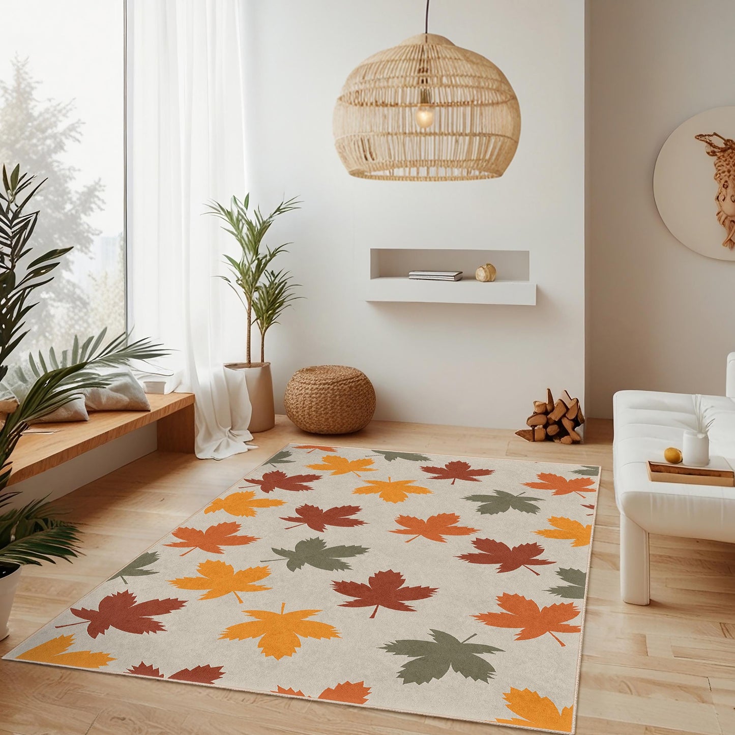 Rechteckiger Teppich mit Herbstlaubmuster, Fußmatte mit Blätterdekor, saisonaler Dekoteppich, naturinspirierter Teppich für das Wohnzimmer