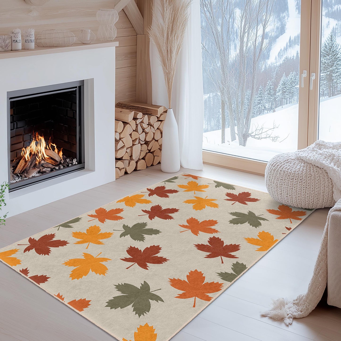 Rechteckiger Teppich mit Herbstlaubmuster, Fußmatte mit Blätterdekor, saisonaler Dekoteppich, naturinspirierter Teppich für das Wohnzimmer