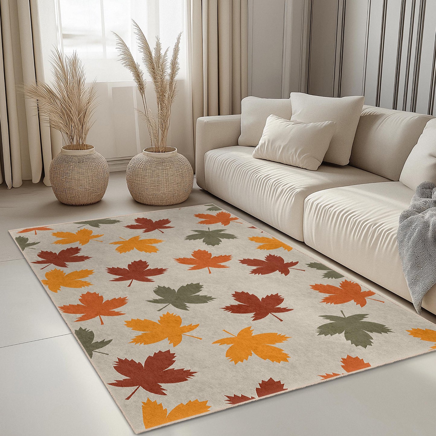 Rechteckiger Teppich mit Herbstlaubmuster, Fußmatte mit Blätterdekor, saisonaler Dekoteppich, naturinspirierter Teppich für das Wohnzimmer