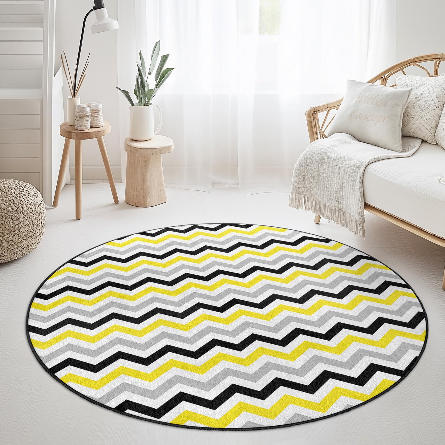 Moderner runder Teppich mit Chevron-Muster, gelb-grauer Zickzack-Teppich, weicher runder Teppich für Wohnzimmer, Schlafzimmer und Wohnbereich