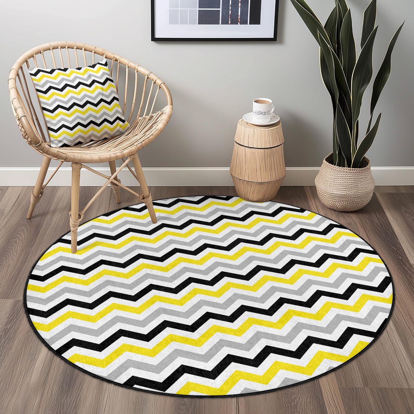 Moderner runder Teppich mit Chevron-Muster, gelb-grauer Zickzack-Teppich, weicher runder Teppich für Wohnzimmer, Schlafzimmer und Wohnbereich