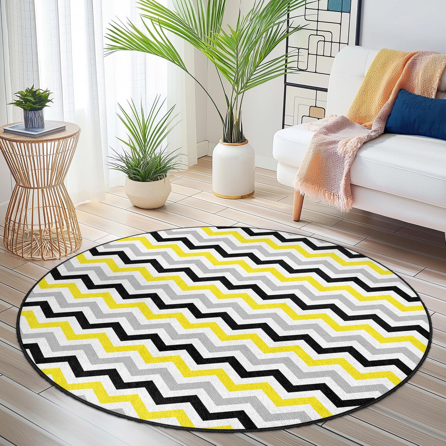 Moderner runder Teppich mit Chevron-Muster, gelb-grauer Zickzack-Teppich, weicher runder Teppich für Wohnzimmer, Schlafzimmer und Wohnbereich