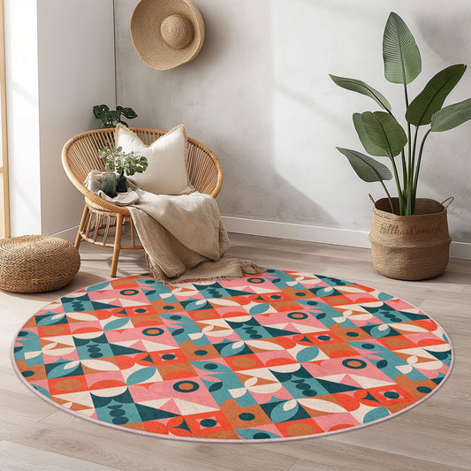 Colorful Geometric Round Area Rug, Modern Round Carpet, Decorative Round Rug for Living Room, Playroom, or Bedroom Decor