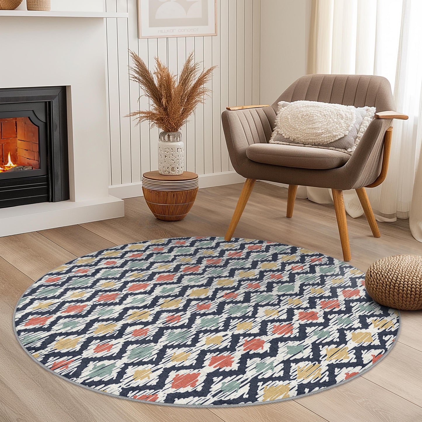 Bunter, geometrischer runder Teppich, moderner runder Teppich, Boho-Dekor, Wohnzimmerteppich, Schlafzimmerteppich, stilvoller runder Teppich