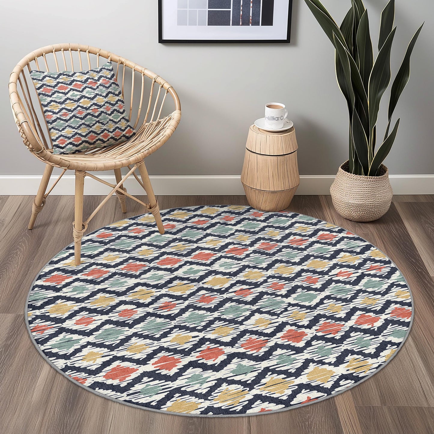 Bunter, geometrischer runder Teppich, moderner runder Teppich, Boho-Dekor, Wohnzimmerteppich, Schlafzimmerteppich, stilvoller runder Teppich