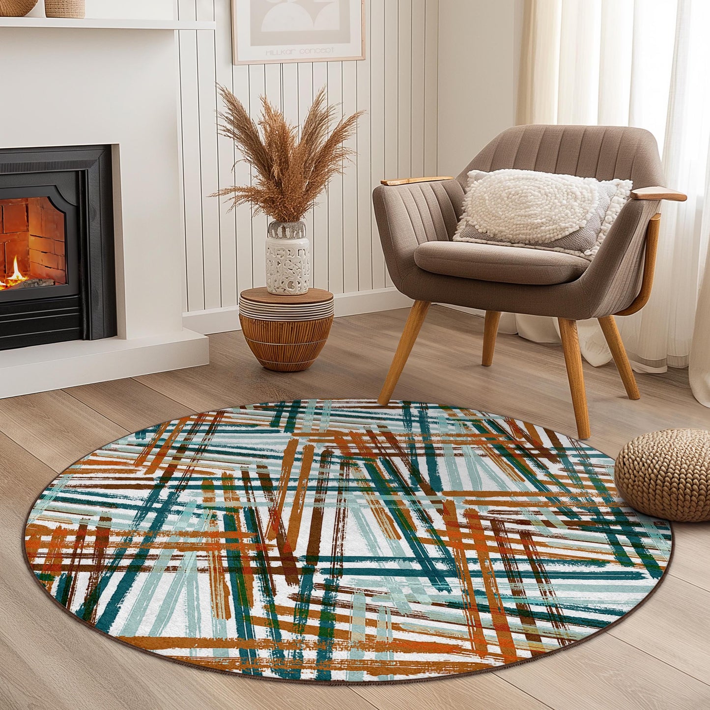 Abstrakter runder Teppich, farbenfroher geometrischer Kreisteppich, moderne Wohndekoration, Wohnzimmerteppich, runde Matte im Bohème-Stil