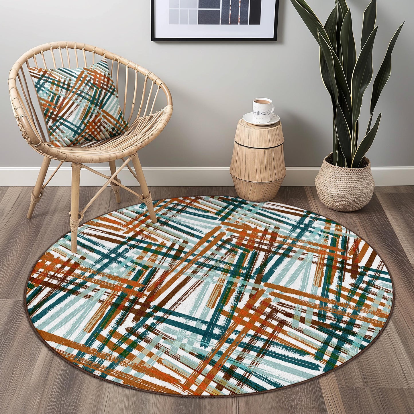 Abstrakter runder Teppich, farbenfroher geometrischer Kreisteppich, moderne Wohndekoration, Wohnzimmerteppich, runde Matte im Bohème-Stil