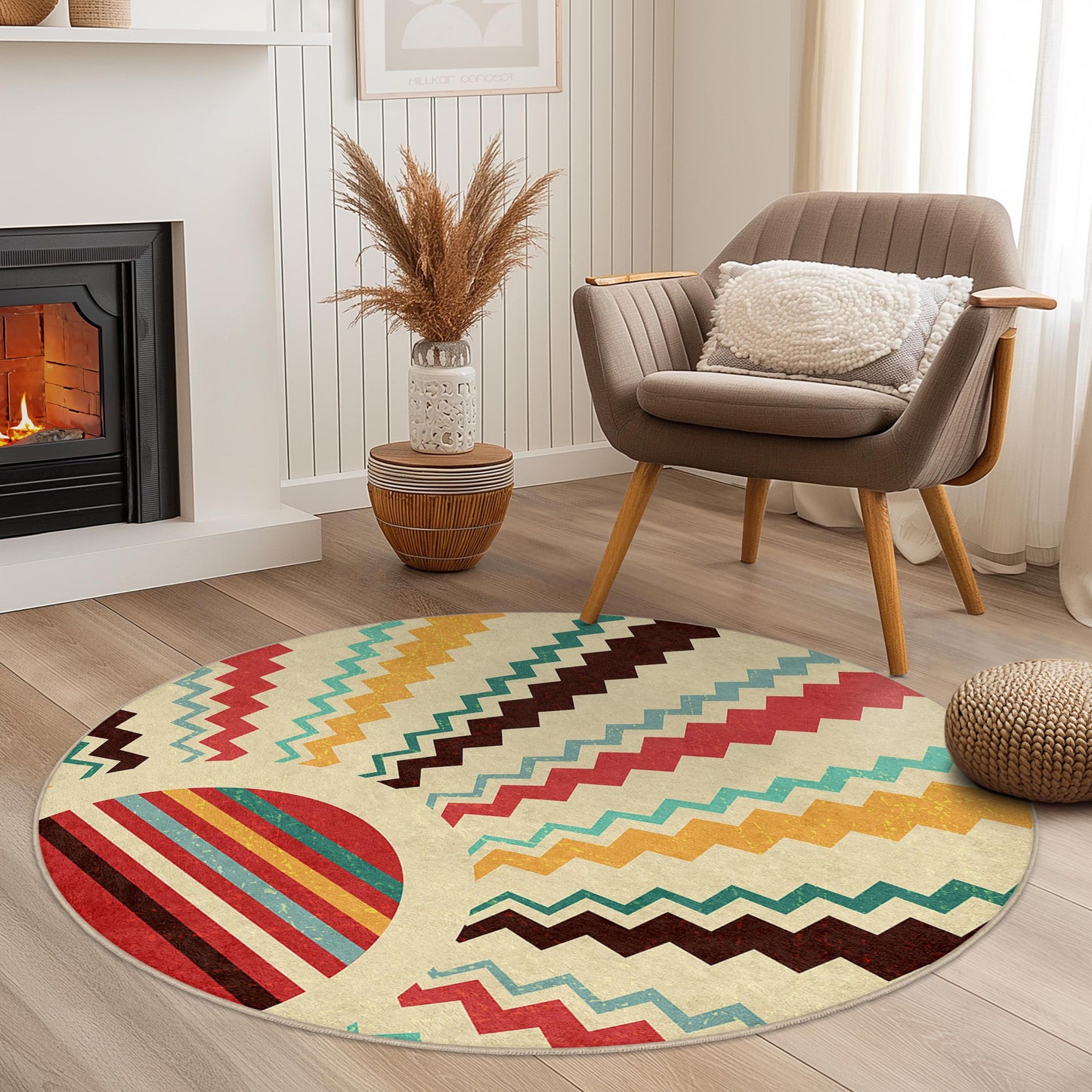 Bunter, geometrischer runder Teppich, stilvoller runder Teppich, moderne Wohndekoration, Boho-Chic-Teppich, Akzentteppich fürs Wohnzimmer