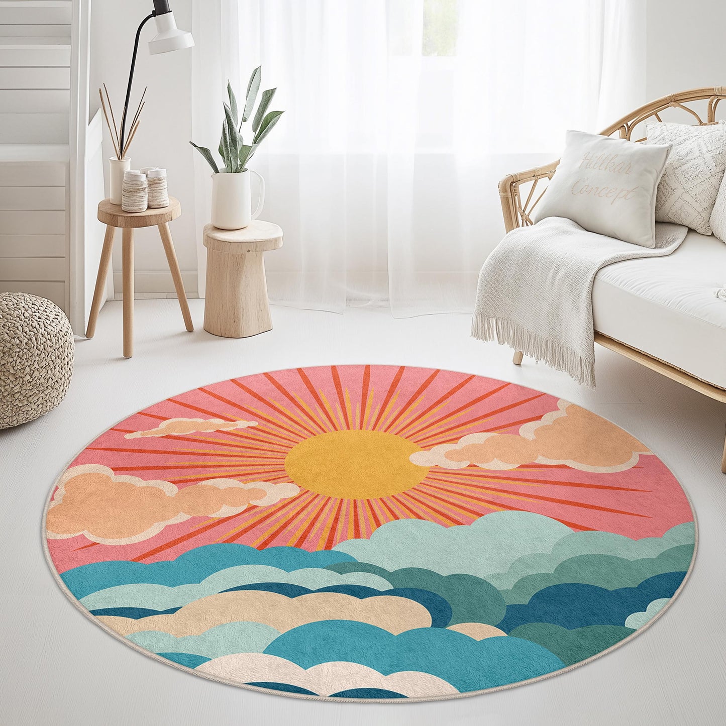 Runder Teppich „Sonnenaufgangswolken“, Boho-Chic-Teppich, farbenfroher Teppich mit Sonne und Wolken, Wohnaccessoires, Wohnzimmerteppich, Schlafzimmerteppich