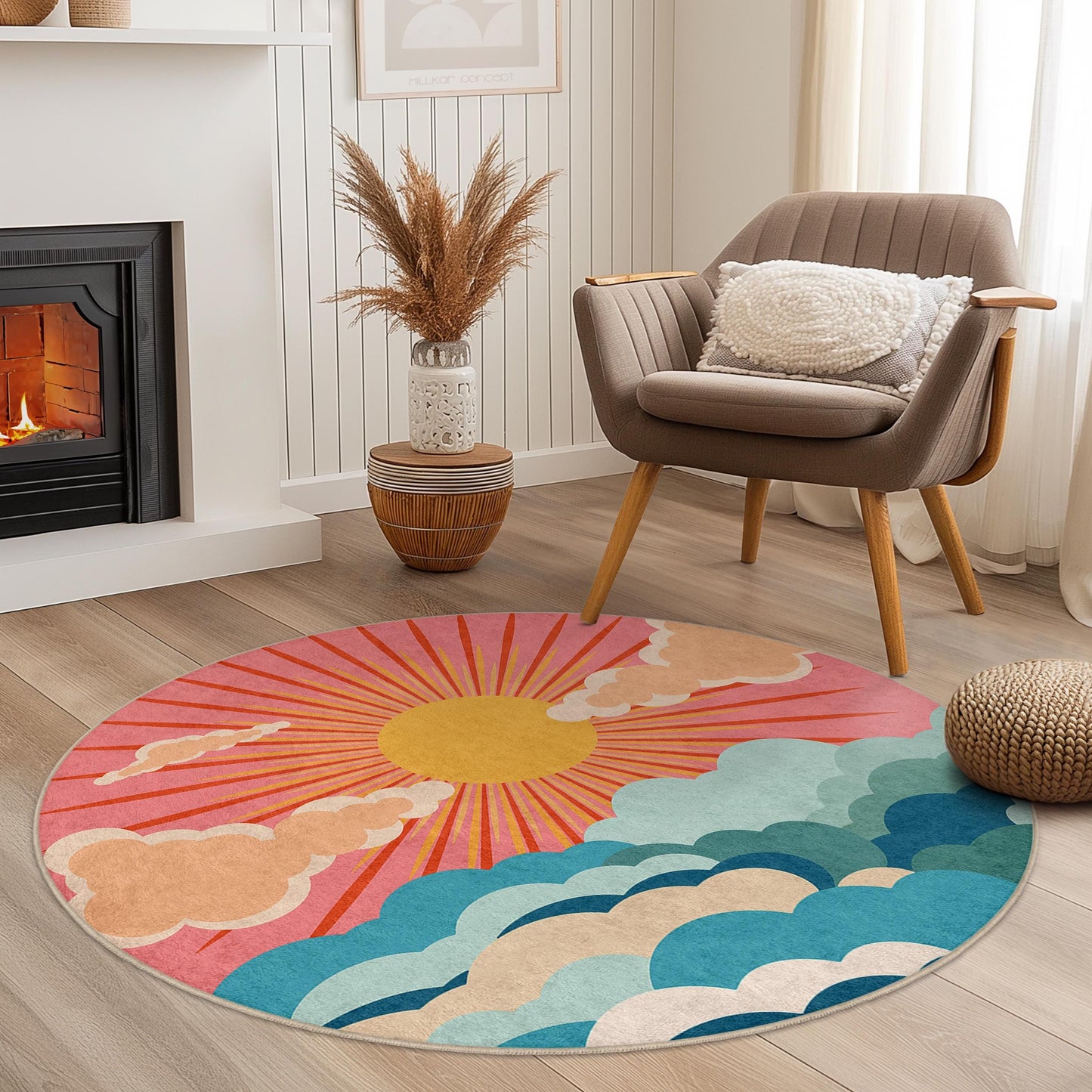 Runder Teppich „Sonnenaufgangswolken“, Boho-Chic-Teppich, farbenfroher Teppich mit Sonne und Wolken, Wohnaccessoires, Wohnzimmerteppich, Schlafzimmerteppich