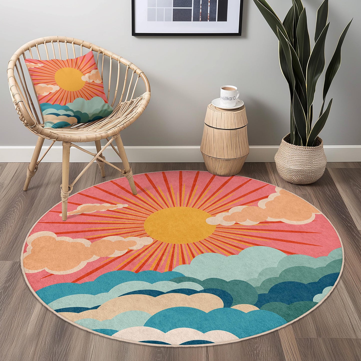 Runder Teppich „Sonnenaufgangswolken“, Boho-Chic-Teppich, farbenfroher Teppich mit Sonne und Wolken, Wohnaccessoires, Wohnzimmerteppich, Schlafzimmerteppich