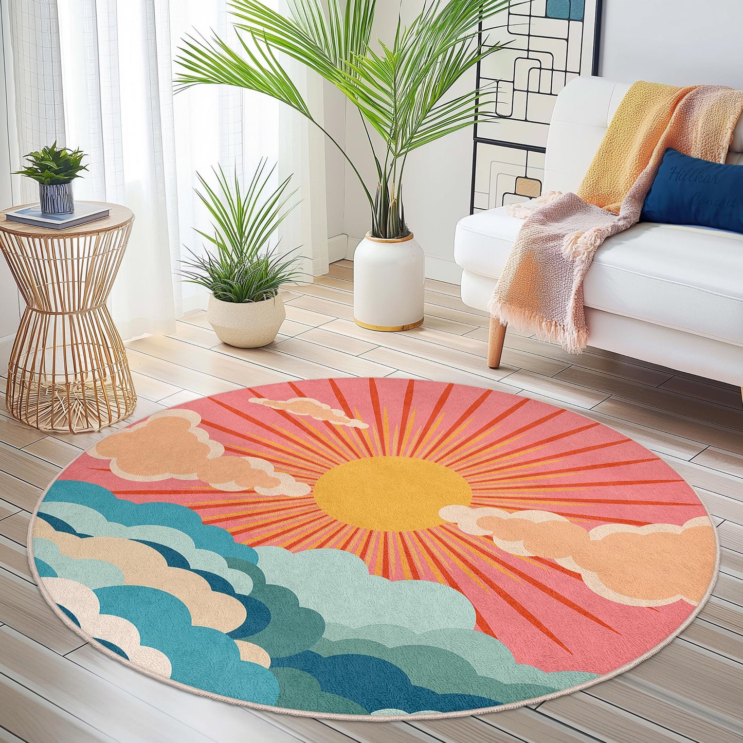 Runder Teppich „Sonnenaufgangswolken“, Boho-Chic-Teppich, farbenfroher Teppich mit Sonne und Wolken, Wohnaccessoires, Wohnzimmerteppich, Schlafzimmerteppich