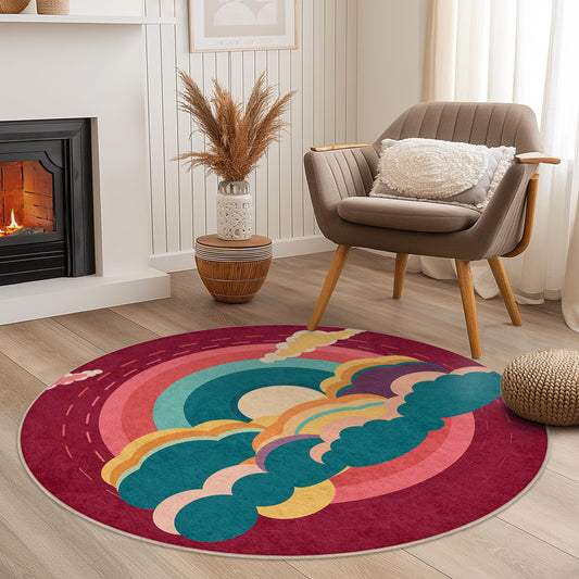 Vibrant Rainbow Round Area Rug, Colorful Clouds Floor Mat, Boho Style Home Decor, Round Rug for Living Room, Bedroom, Nursery