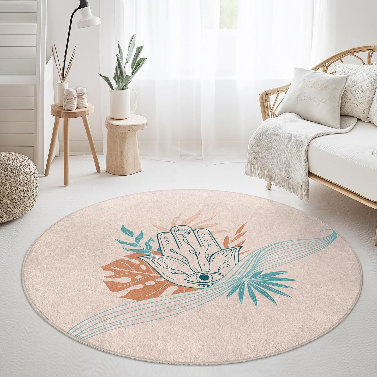 Runder Boho-Chic-Teppich mit Hand- und Blumenmotiven, dekorativer runder Teppich für Wohnzimmer, Schlafzimmer und andere Wohnräume