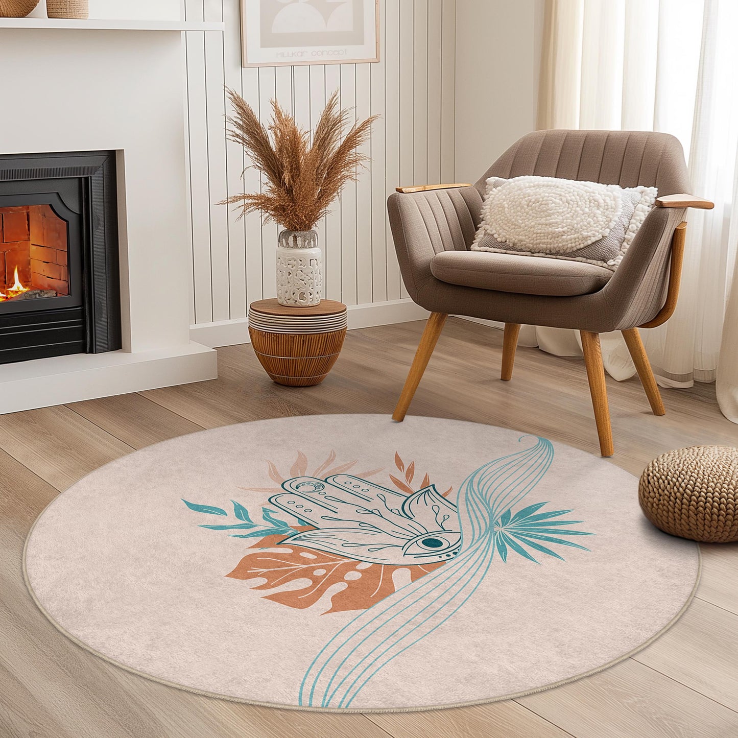 Runder Boho-Chic-Teppich mit Hand- und Blumenmotiven, dekorativer runder Teppich für Wohnzimmer, Schlafzimmer und andere Wohnräume