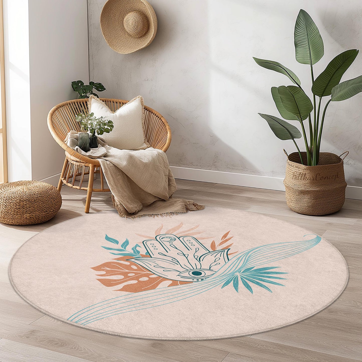 Runder Boho-Chic-Teppich mit Hand- und Blumenmotiven, dekorativer runder Teppich für Wohnzimmer, Schlafzimmer und andere Wohnräume