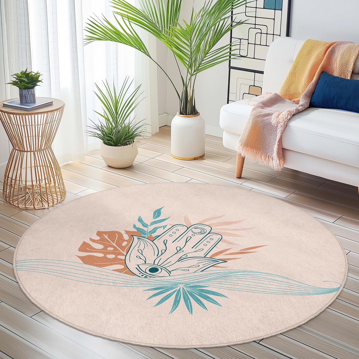 Runder Boho-Chic-Teppich mit Hand- und Blumenmotiven, dekorativer runder Teppich für Wohnzimmer, Schlafzimmer und andere Wohnräume