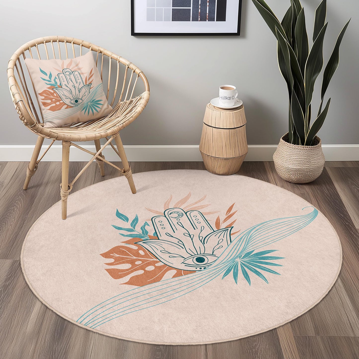 Boho Chic Round Area Rug, Hand Symbol and Floral Design, Decorative Round Carpet for Living Room, Bedroom, and Home Decor
