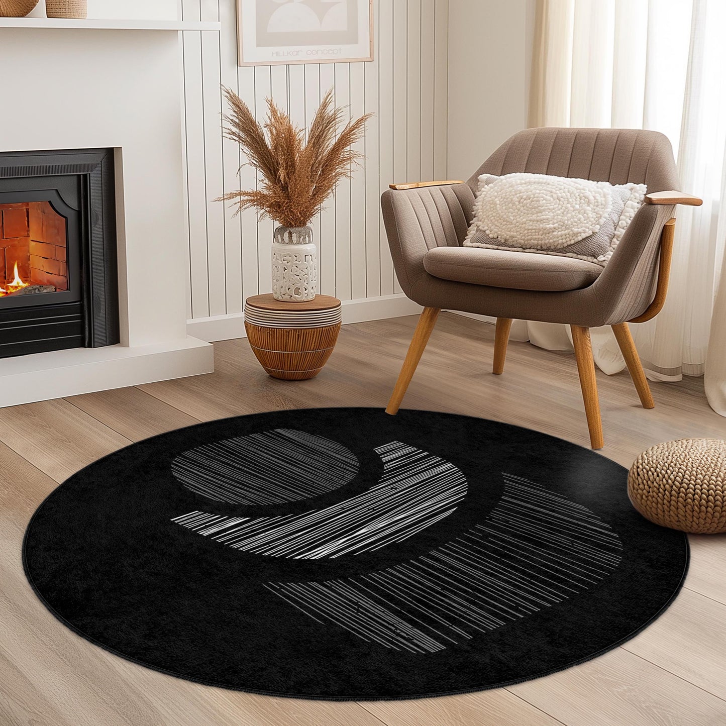 Abstrakter runder Teppich in Schwarz-Weiß, moderner Kreisteppich, weiche dekorative Fußmatte, Akzentteppich für das Wohnzimmer, Wohnaccessoire