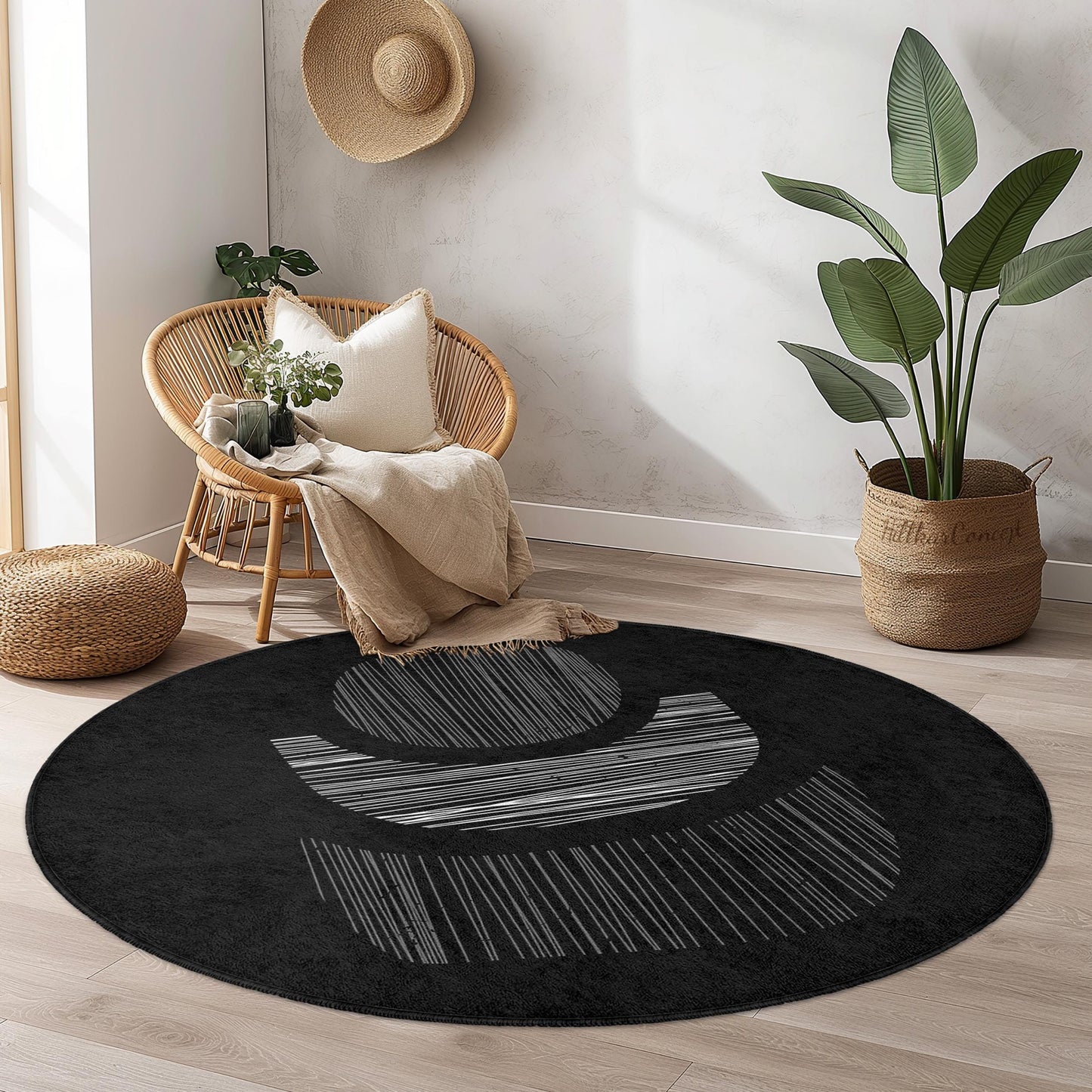 Abstrakter runder Teppich in Schwarz-Weiß, moderner Kreisteppich, weiche dekorative Fußmatte, Akzentteppich für das Wohnzimmer, Wohnaccessoire