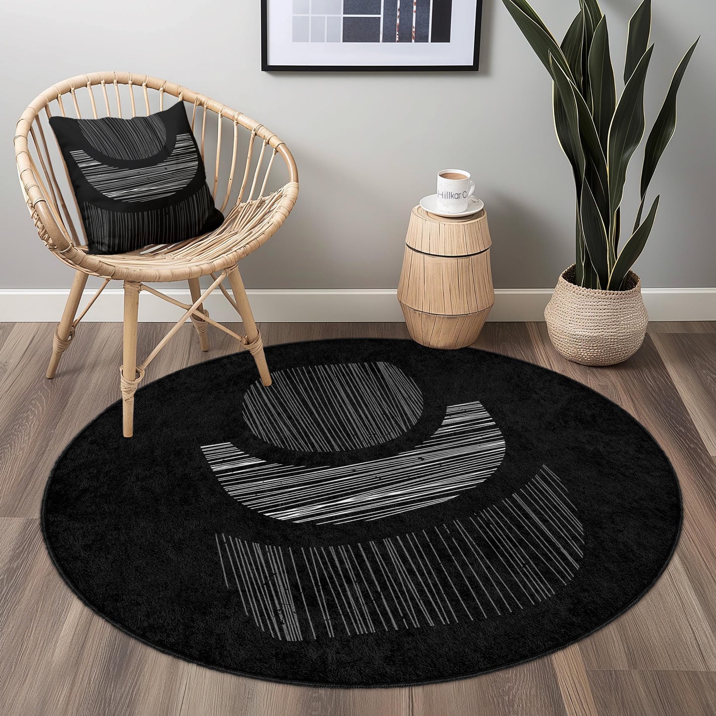 Abstrakter runder Teppich in Schwarz-Weiß, moderner Kreisteppich, weiche dekorative Fußmatte, Akzentteppich für das Wohnzimmer, Wohnaccessoire