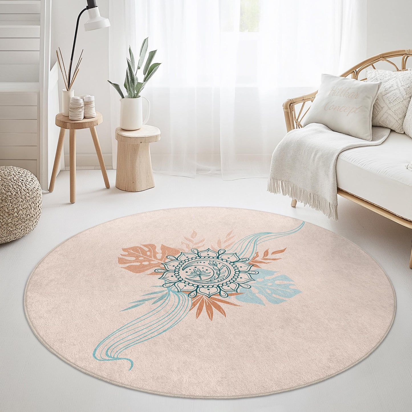 Runder Teppich im Boho-Stil mit Blumenmuster: Weicher, runder Teppich im Vintage-Stil