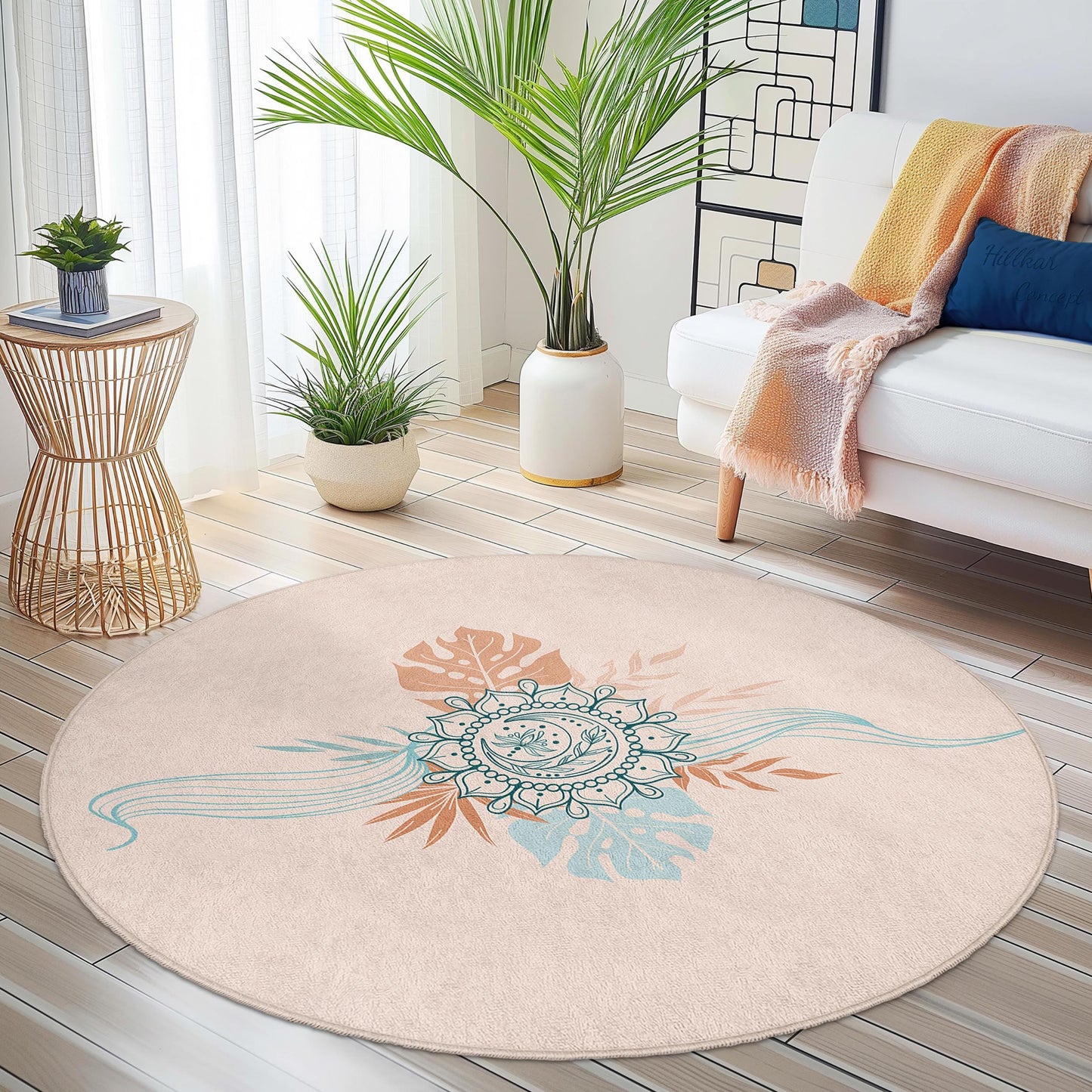 Runder Teppich im Boho-Stil mit Blumenmuster: Weicher, runder Teppich im Vintage-Stil