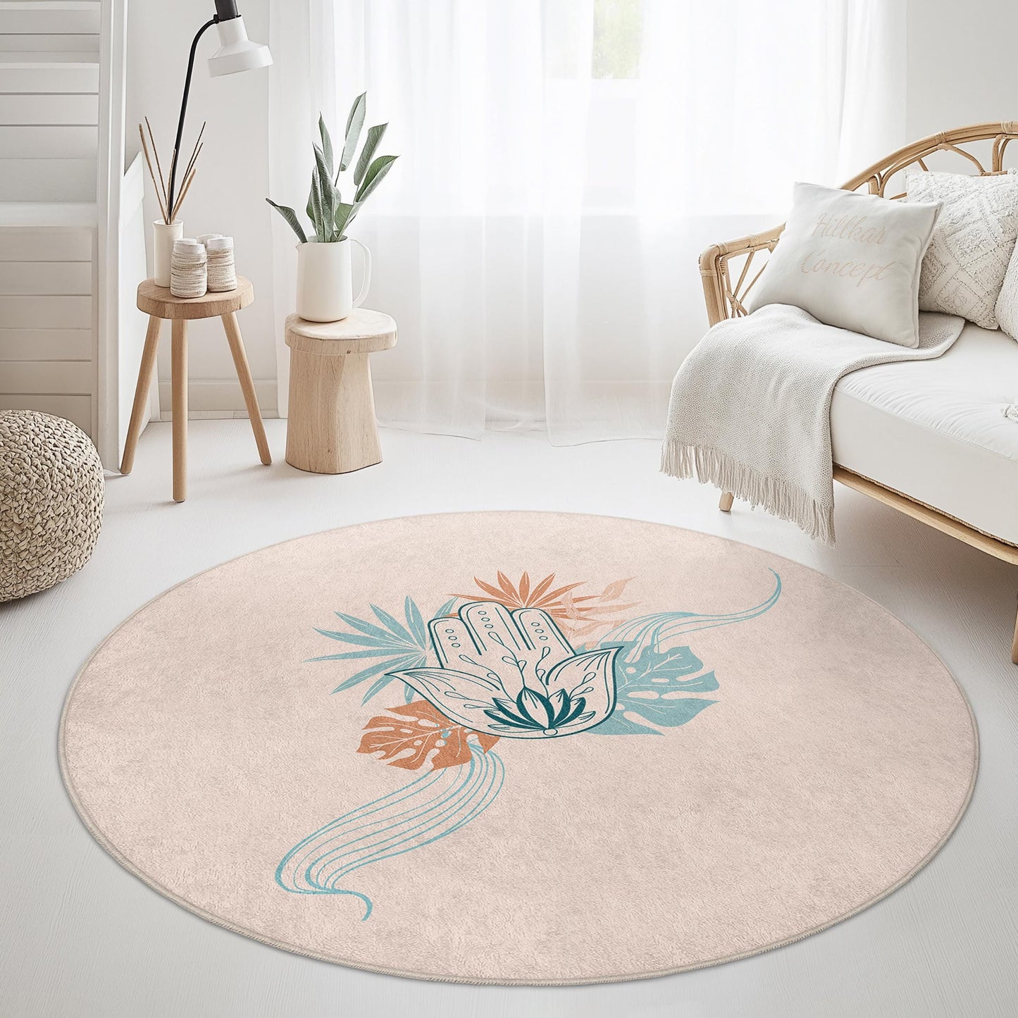 Runder Boho-Teppich, handgemusterter runder Teppich, floraler runder Teppich für Wohnzimmer und Schlafzimmer, einzigartige runde Fußmatte