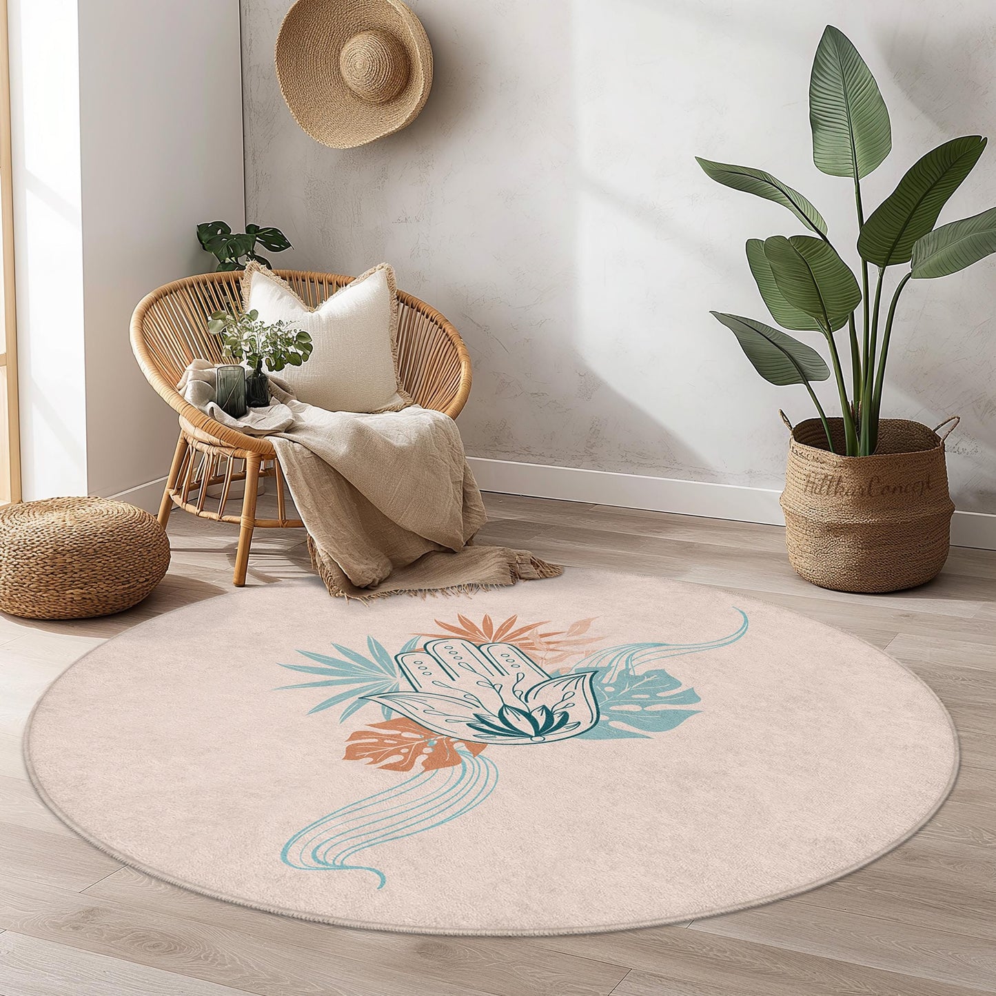 Runder Boho-Teppich, handgemusterter runder Teppich, floraler runder Teppich für Wohnzimmer und Schlafzimmer, einzigartige runde Fußmatte