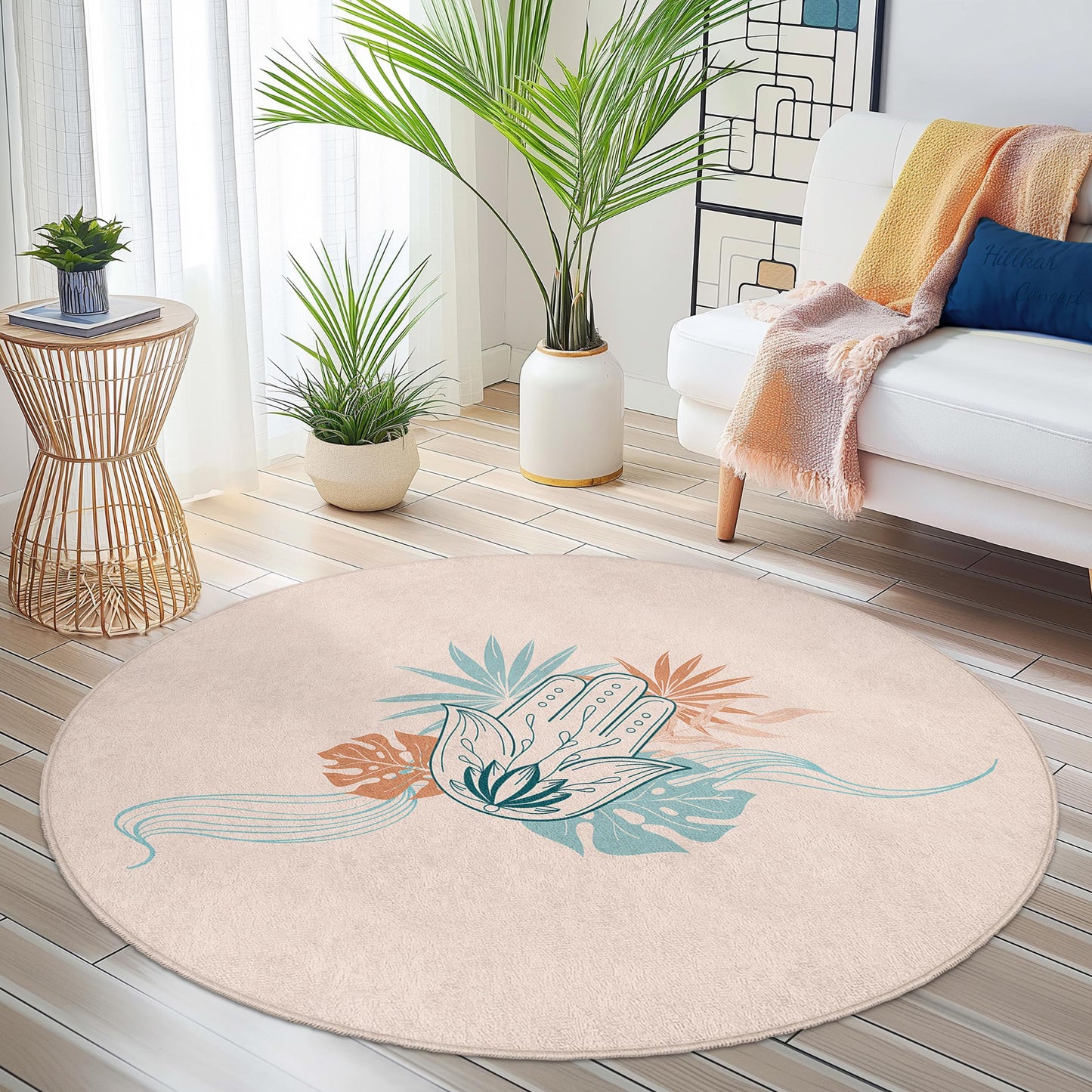 Runder Boho-Teppich, handgemusterter runder Teppich, floraler runder Teppich für Wohnzimmer und Schlafzimmer, einzigartige runde Fußmatte