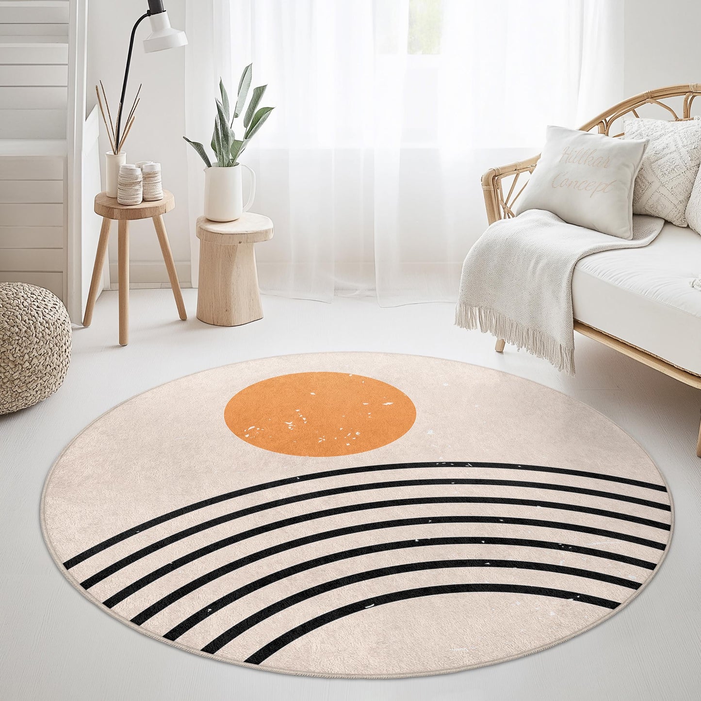 Runder Teppich „Sunrise Rainbow“, Boho-Teppich, moderne Wohnaccessoires, Wohnzimmerteppich, weicher runder Teppich, gemütliches Schlafzimmeraccessoire