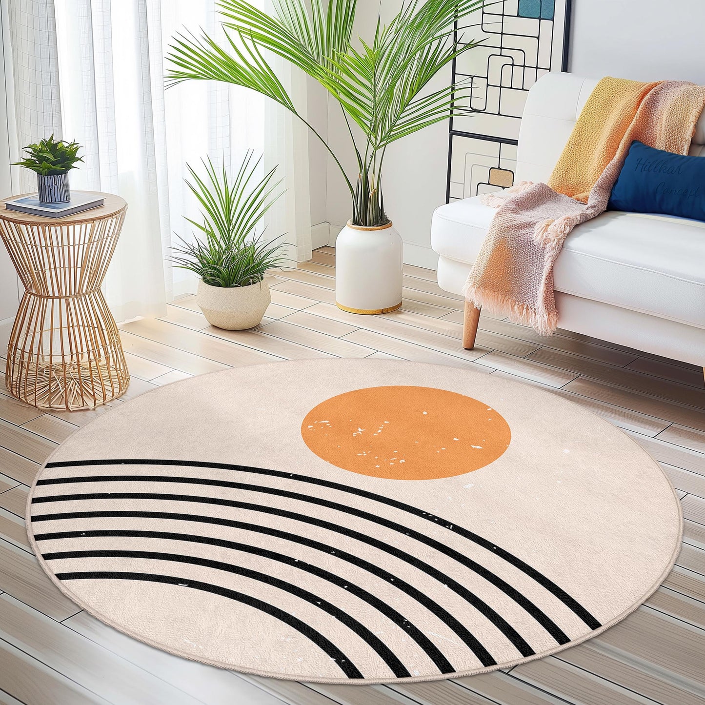 Runder Teppich „Sunrise Rainbow“, Boho-Teppich, moderne Wohnaccessoires, Wohnzimmerteppich, weicher runder Teppich, gemütliches Schlafzimmeraccessoire