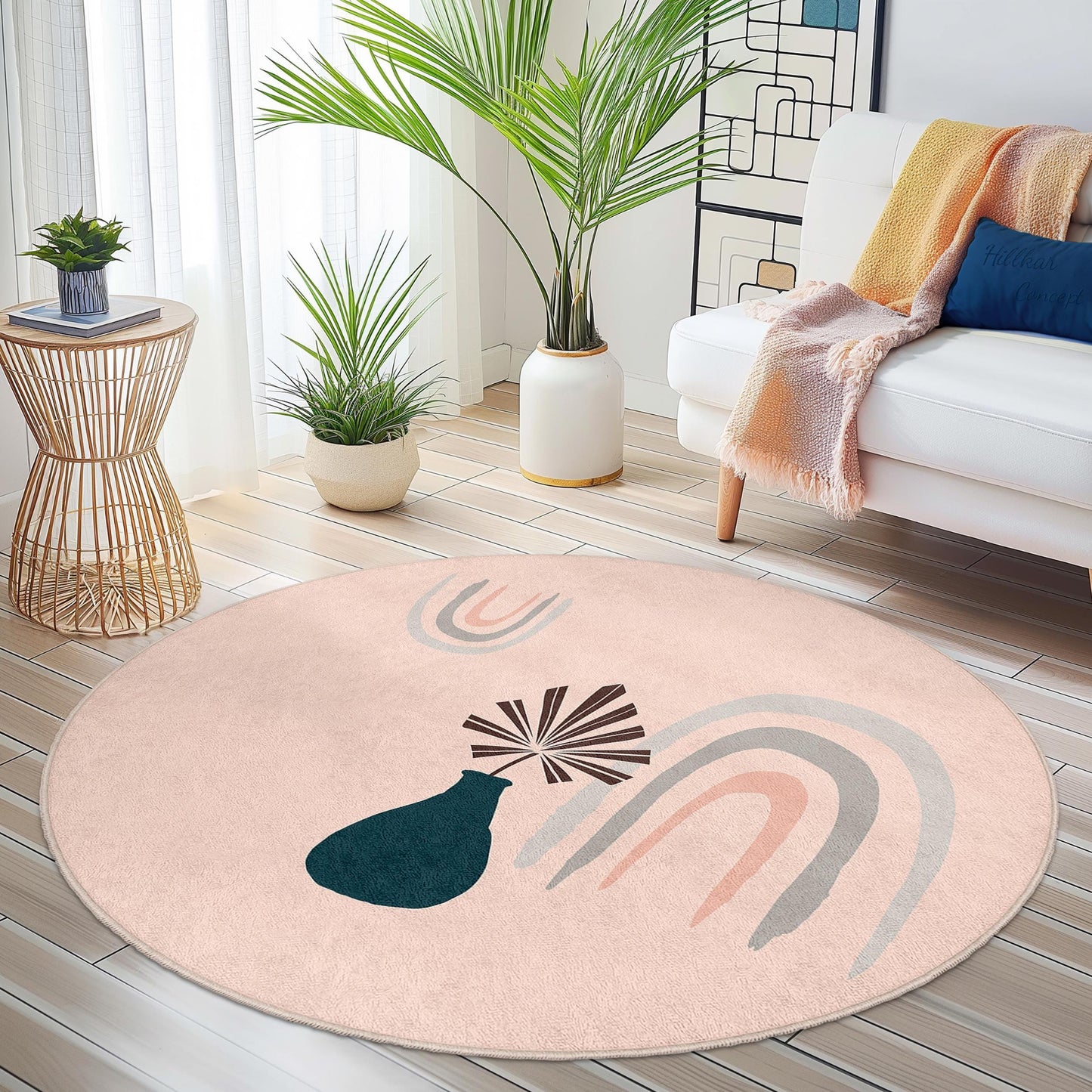 Abstract Rainbow Design Round Rug, Bohemian Style Area Rug, Modern Circle Carpet for Home Decor, Soft Round Mat for Living Room