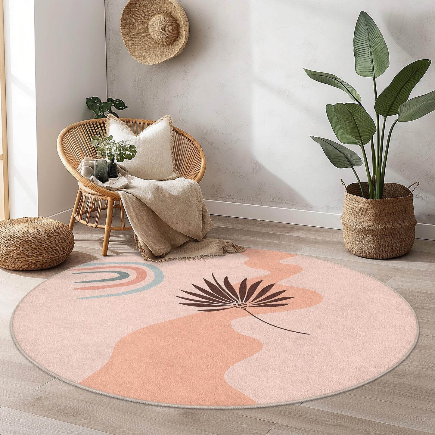 Abstrakter runder Teppich, moderne runde Bodendekoration, Teppich im Bohème-Stil für Wohnzimmer, Schlafzimmer und Büro, weicher Teppich