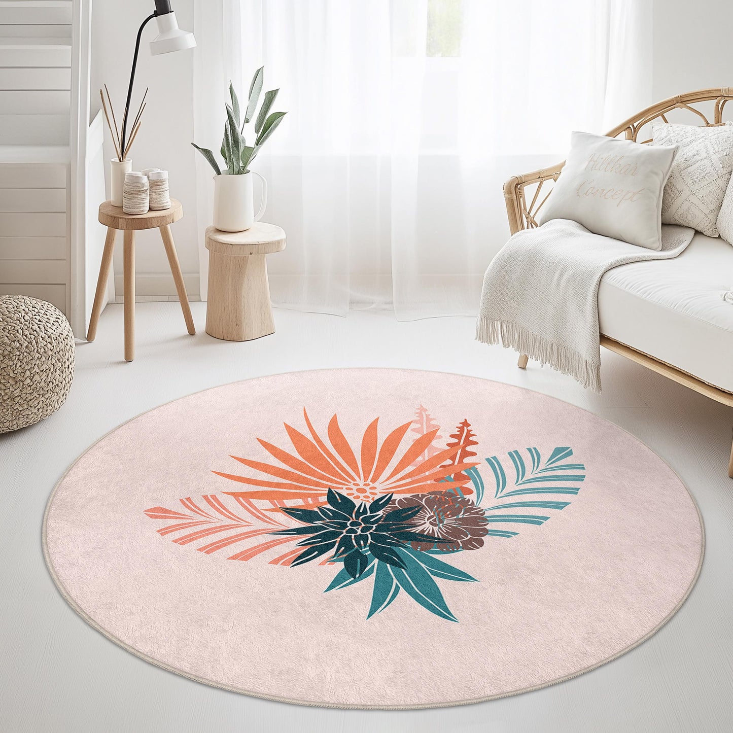 Runder Teppich mit Blumenmuster, Boho-Design, runder Dekoteppich, Wohnzimmerdeko, weicher und gemütlicher Teppich für Zuhause