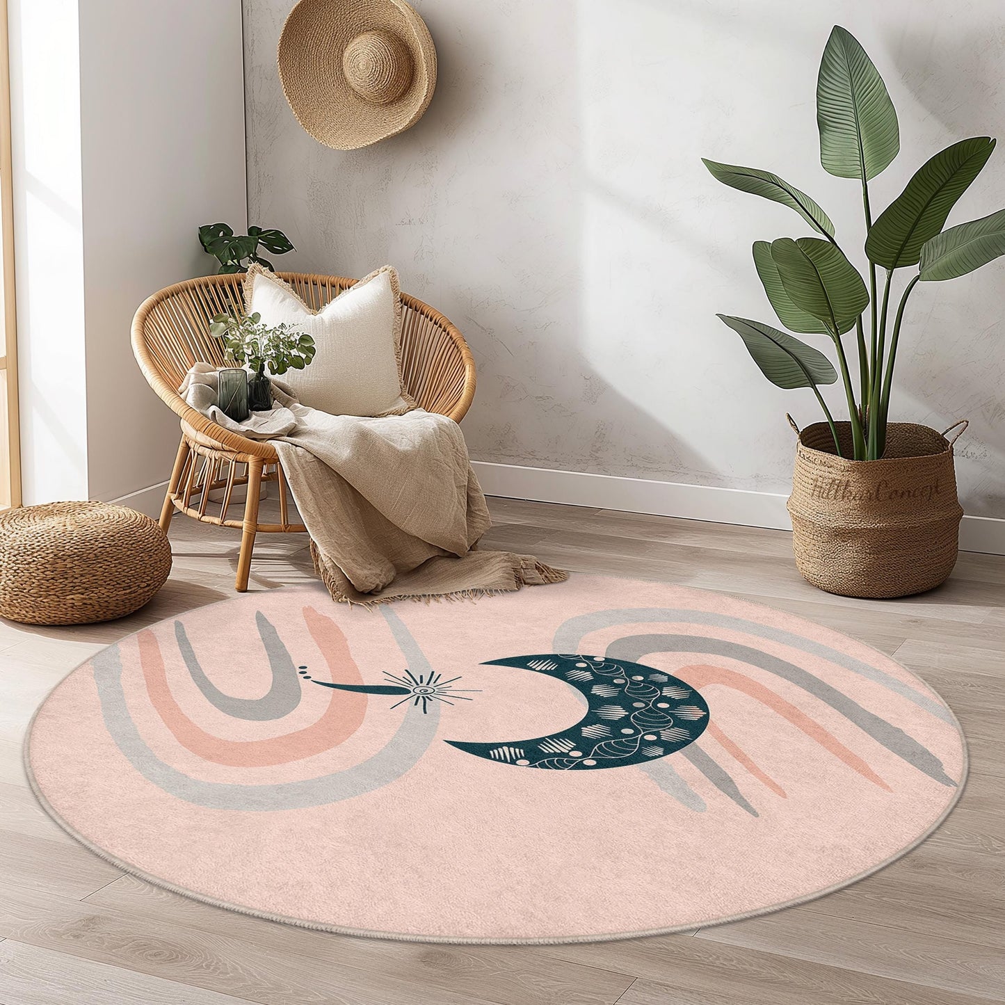 Eleganter runder Teppich mit Mond- und Wellenmuster, Boho-Stil, weicher runder Teppich für die Heimdekoration, einzigartige Fußmatte