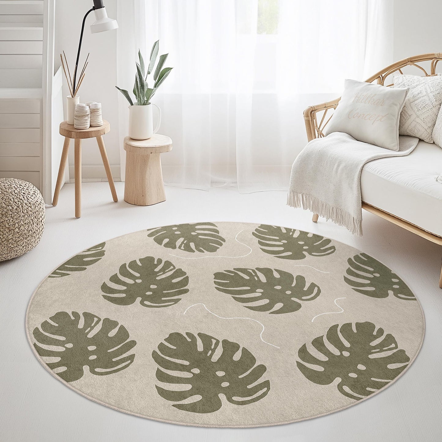 Runder Teppich mit tropischem Monstera-Blattmuster, Boho-Chic-Fußmatte, moderne Wohnzimmerdekoration, stilvoller Indoor-Teppich, umweltfreundliches Wohnaccessoire