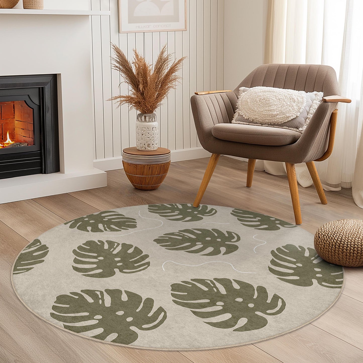 Runder Teppich mit tropischem Monstera-Blattmuster, Boho-Chic-Fußmatte, moderne Wohnzimmerdekoration, stilvoller Indoor-Teppich, umweltfreundliches Wohnaccessoire