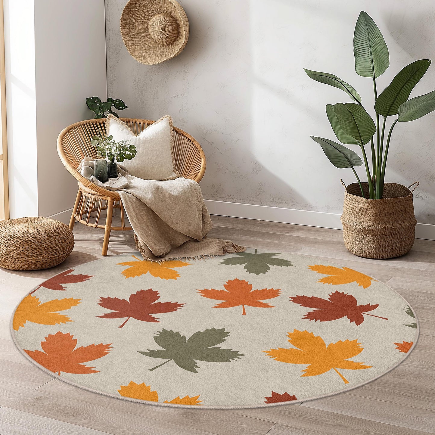 Runder Teppich mit Herbstlaubmuster, Herbstdeko-Teppich, Teppich mit Blättermuster für Zuhause, gemütlicher Wohnzimmerteppich, saisonaler runder Teppich