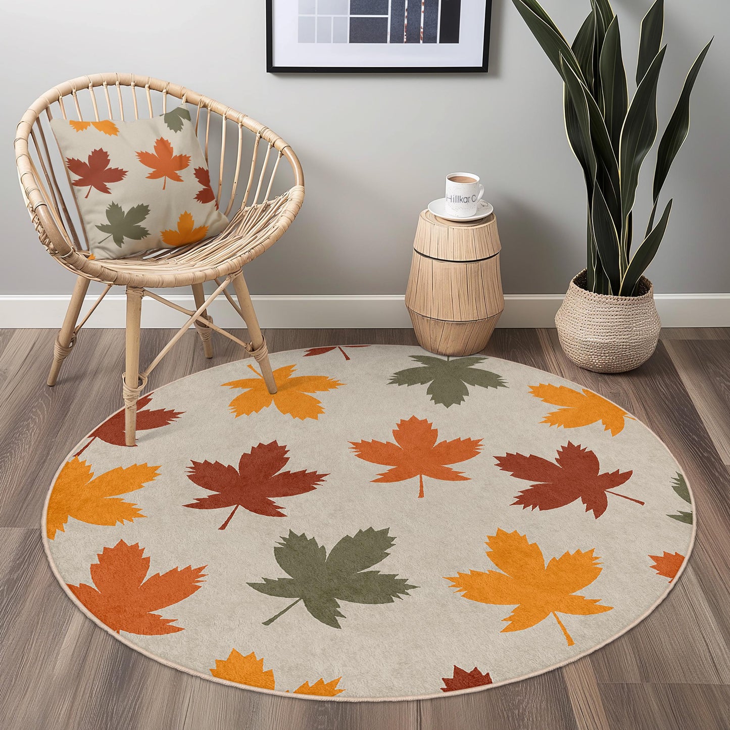 Runder Teppich mit Herbstlaubmuster, Herbstdeko-Teppich, Teppich mit Blättermuster für Zuhause, gemütlicher Wohnzimmerteppich, saisonaler runder Teppich