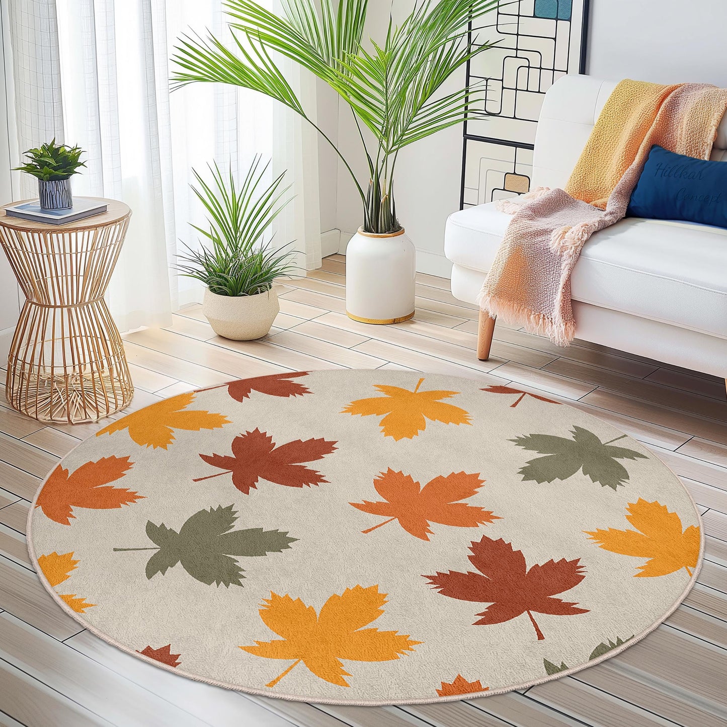 Runder Teppich mit Herbstlaubmuster, Herbstdeko-Teppich, Teppich mit Blättermuster für Zuhause, gemütlicher Wohnzimmerteppich, saisonaler runder Teppich