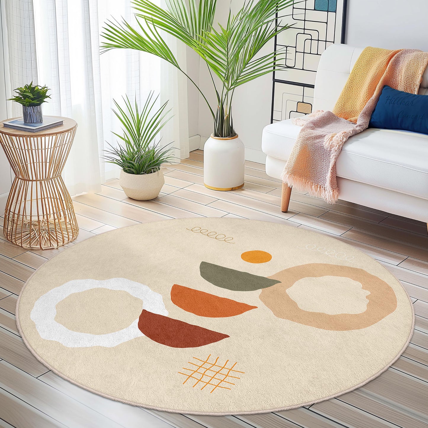 Runder Boho-Chic-Teppich, abstrakt gemusterter Kreisteppich, moderne Wohndekoration, Wohnzimmerteppich, weiche runde Fußmatte