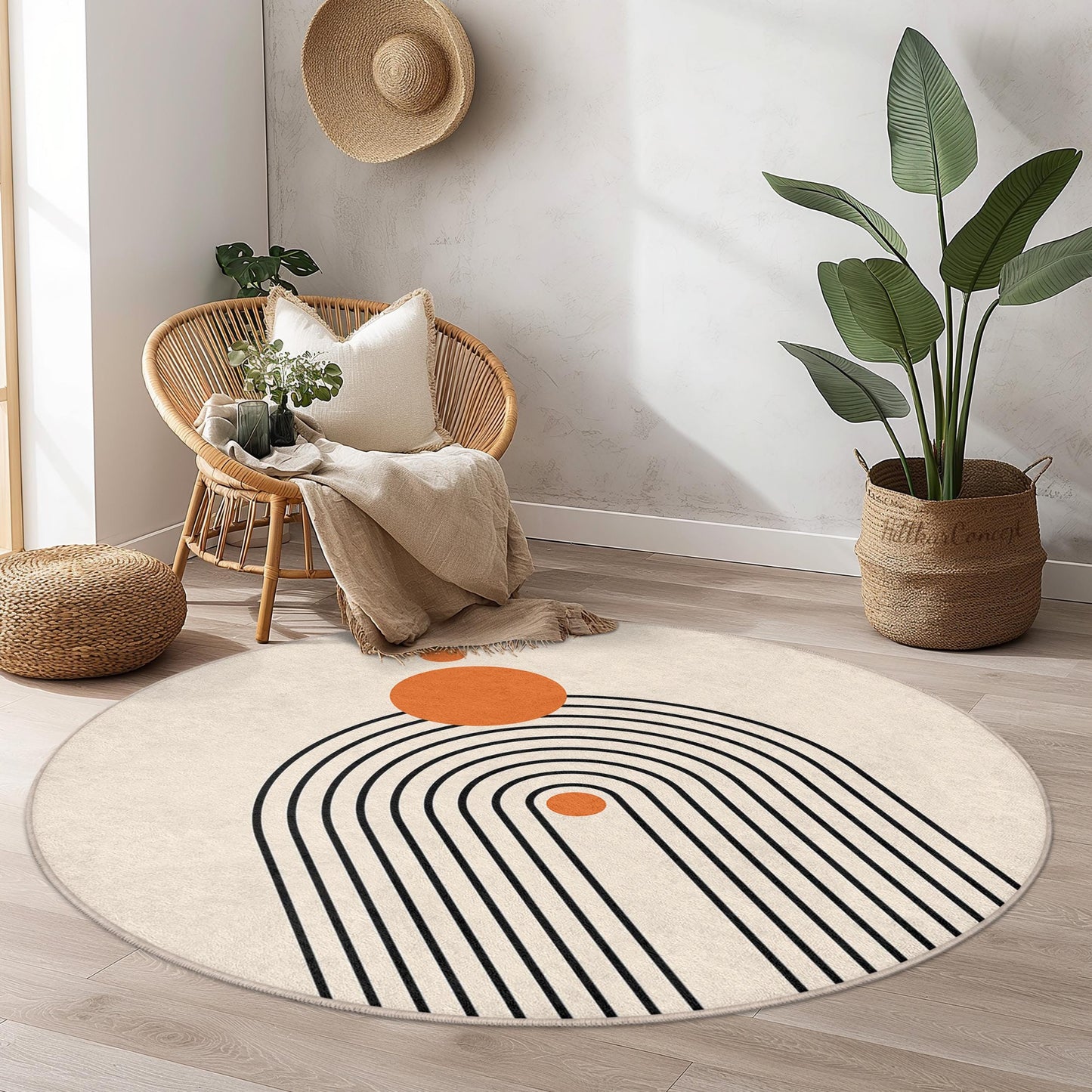 Moderner runder Teppich, abstraktes Kreisdesign, runder Teppich im Ethno-Stil, dekorative Fußmatte für Wohnzimmer, Schlafzimmer und Büro