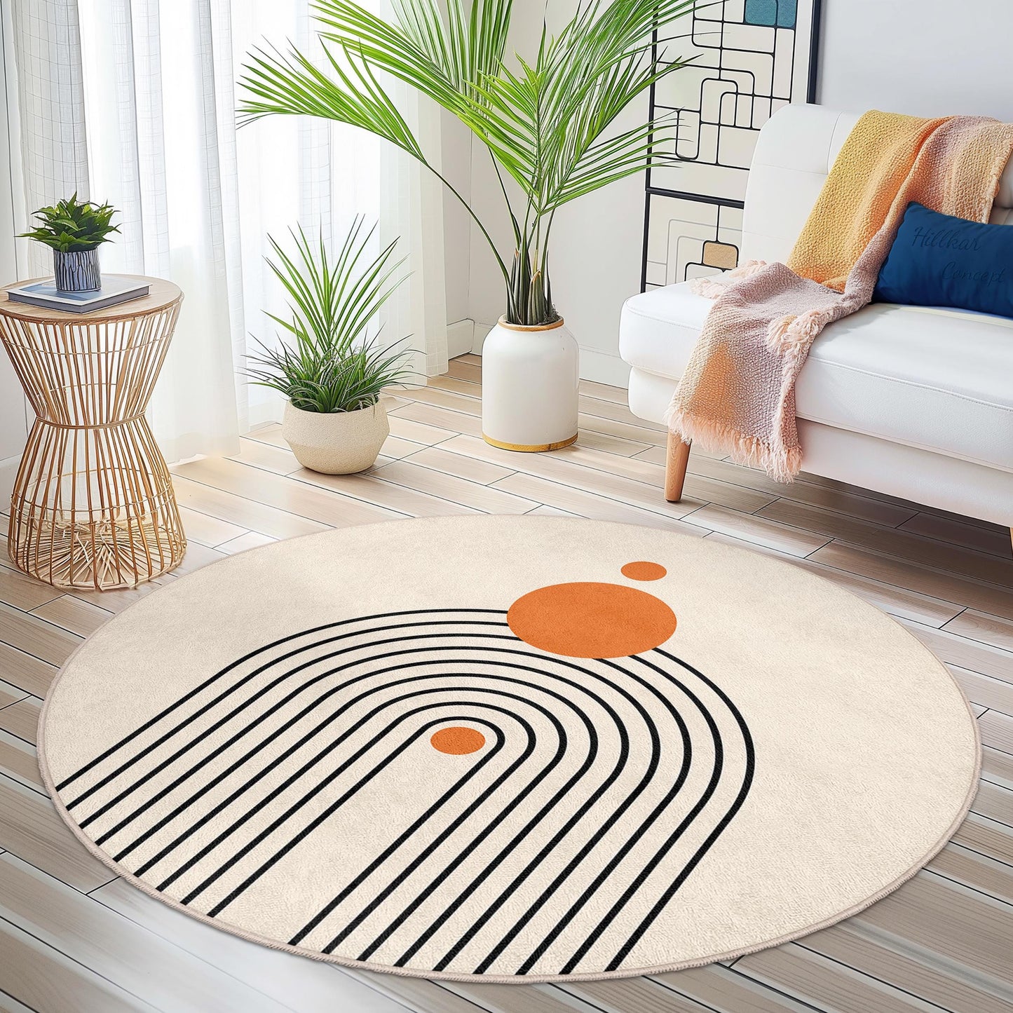 Moderner runder Teppich, abstraktes Kreisdesign, runder Teppich im Ethno-Stil, dekorative Fußmatte für Wohnzimmer, Schlafzimmer und Büro