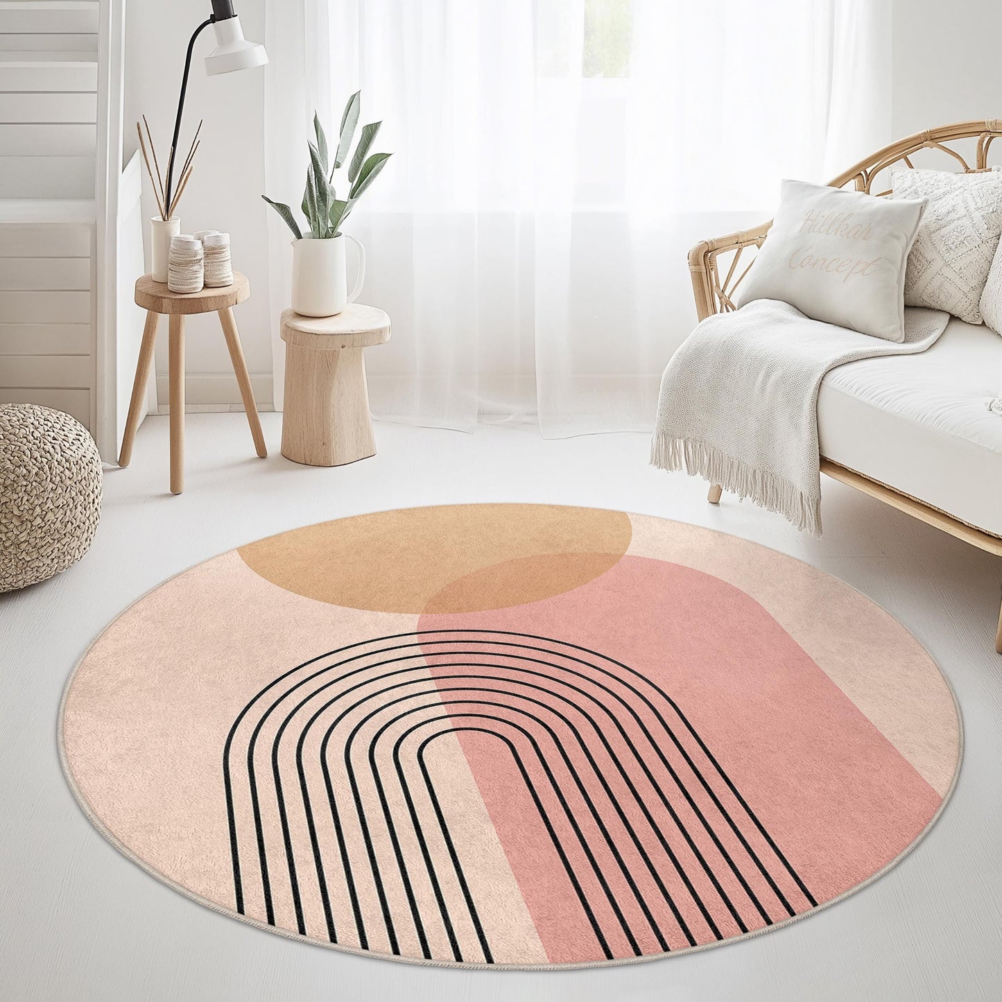 Minimalistischer Regenbogen-Rundteppich, moderner abstrakter Kreisteppich, gemütlicher Wohnzimmerteppich, Boho-Dekor, runde Fußmatte